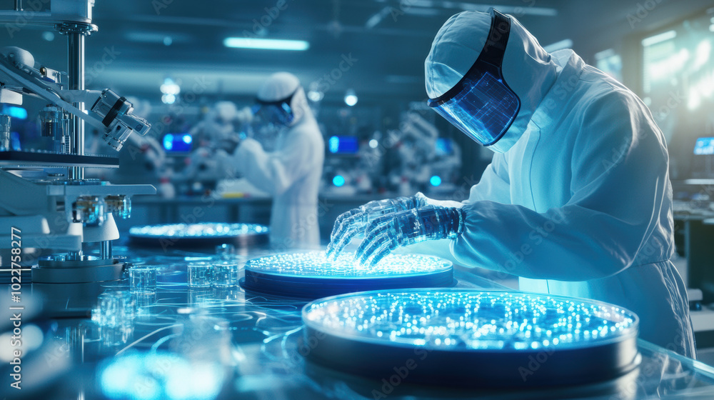 Aufkleber futuristic lab scene featuring ai powered robots working with glowing petri dishes. atmosphere is hi