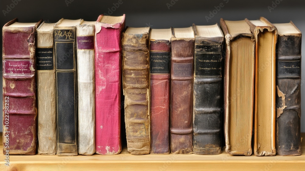 Poster a close-up of a row of books on a library shelf, with worn-out spines showing signs of age and use.