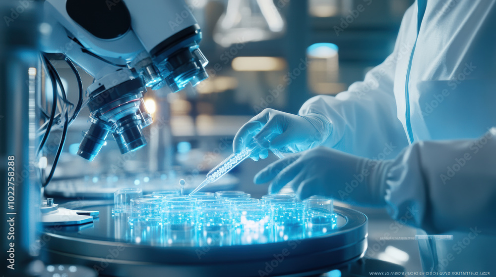 Poster futuristic lab scene featuring advanced technology, where scientist in lab coat uses pipette to tran