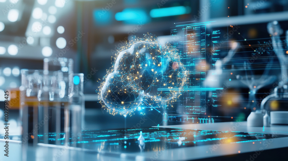 Aufkleber futuristic lab where ai powered systems analyze data, showcasing digital brain with glowing connecti