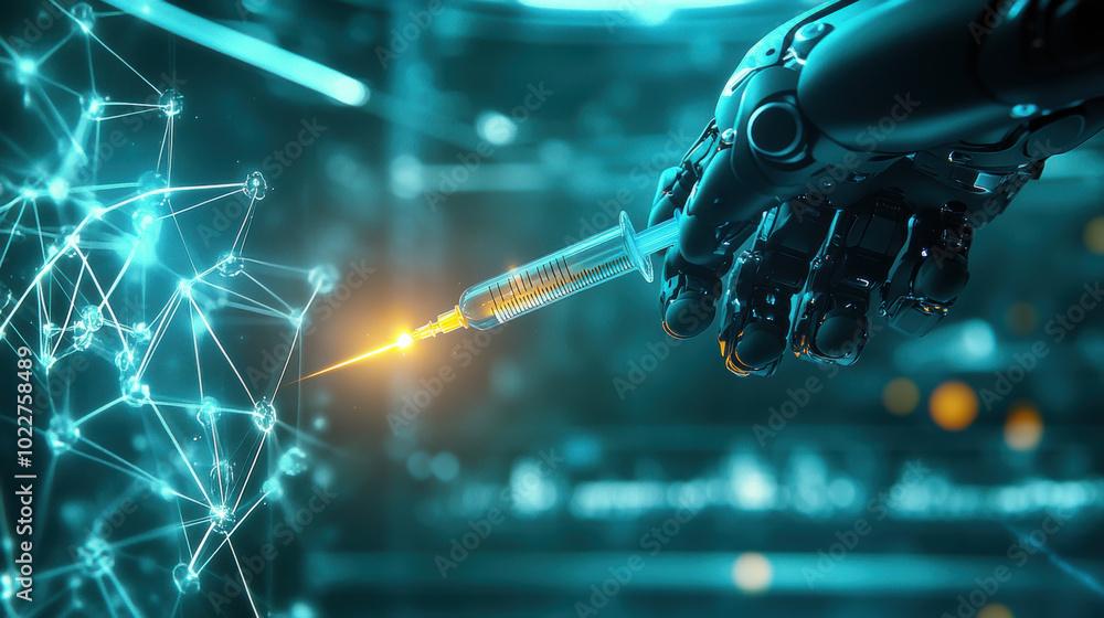 Poster futuristic robotic arm holding syringe injects glowing substance into network of interconnected node