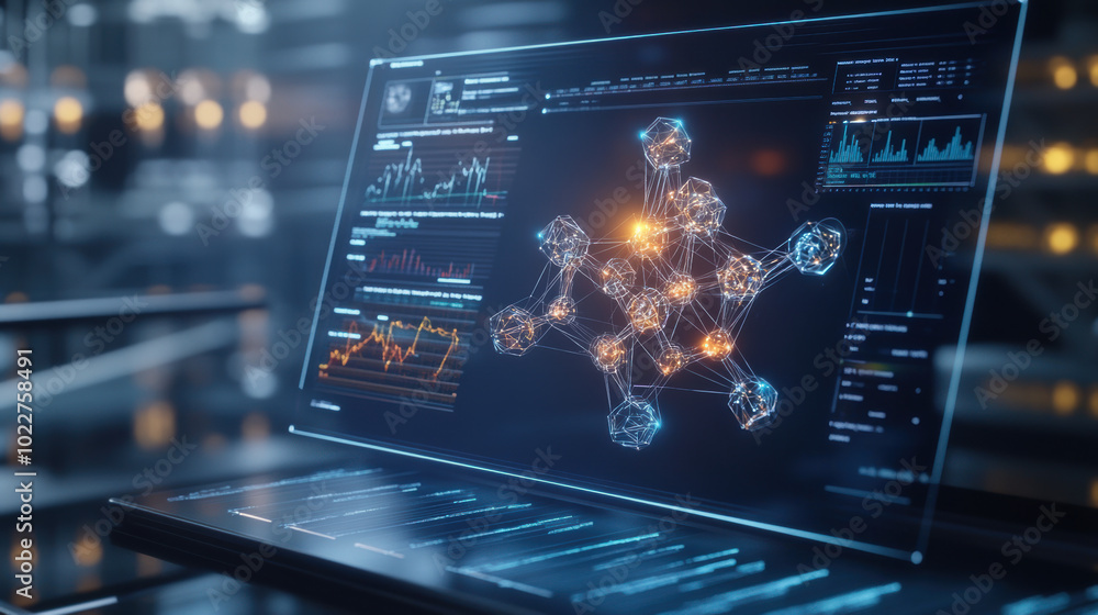 Poster glowing 3d representation of drug molecule is displayed on futuristic screen, showcasing intricate c