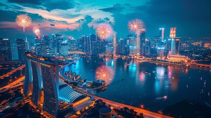 Colorful New Year's fireworks display illuminating cityscape and reflecting in the water