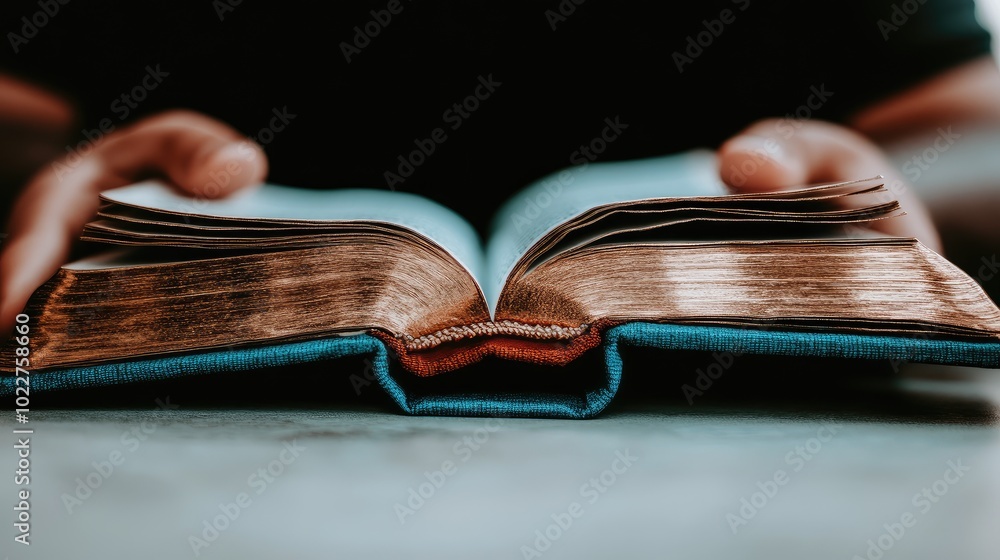 Poster a close-up of an open book with pages slightly curled, resting on a library table, surrounded by sof