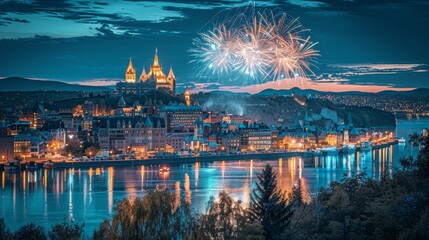 Vivid New Year's fireworks light up the night sky over cityscape, reflecting on water below