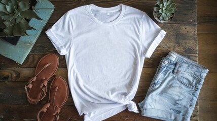White Tshirt, Denim Shorts, and Sandals Mockup