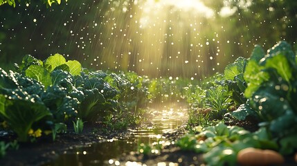 A modern garden with automated water sprinklers irrigating rows of vegetable plants, straight lines of green cabbages and carrots, small puddles forming,