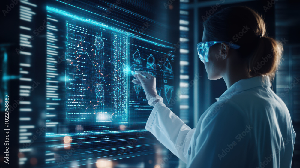 Poster scientist interacts with holographic display of genetic data, showcasing advanced technology in labo