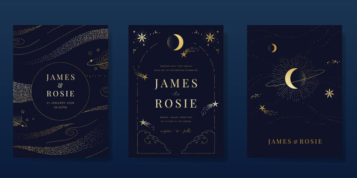 Luxury invitation card design vector set. Elegant wedding card with little star moon sun and space decorative on navy blue background. Design illustration for cover, poster, gala.