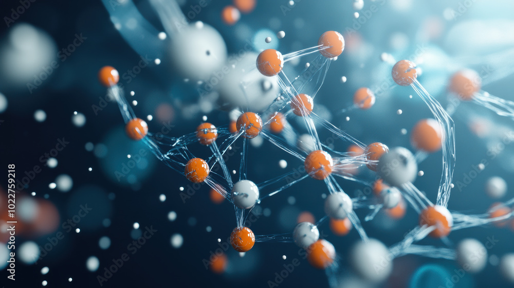 Poster molecular simulation showing drug compound with intricate connections and vibrant colors, illustrati