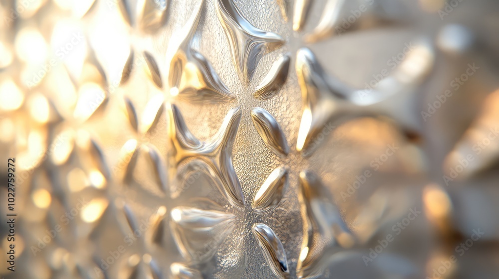 Poster a close-up of patterned glass used in a window, showcasing the delicate interplay of light and textu