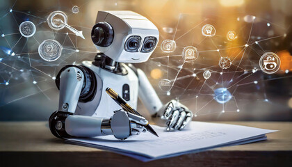 A robot diligently writing notes on a notepad while surrounded by digital icons and symbols representing artificial intelligence technology