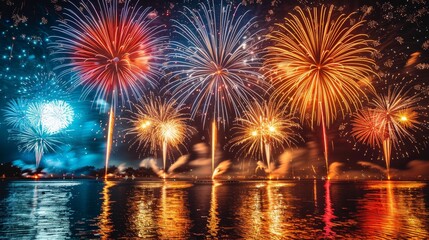 Vivid colorful New Year's fireworks light up the night sky, illuminating cityscape and reflecting on the water below