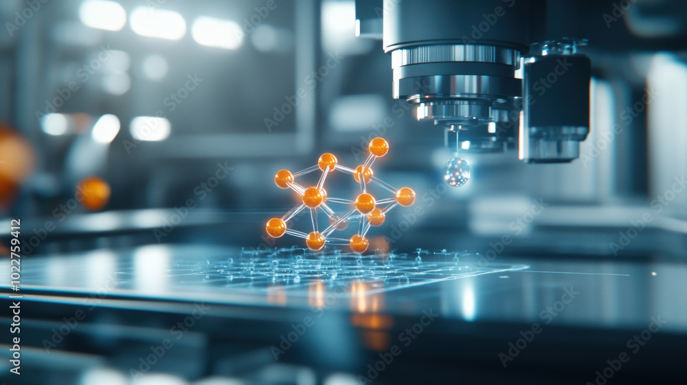 Poster molecular structure is being built in 3d printer, showcasing advanced technology and innovation in m
