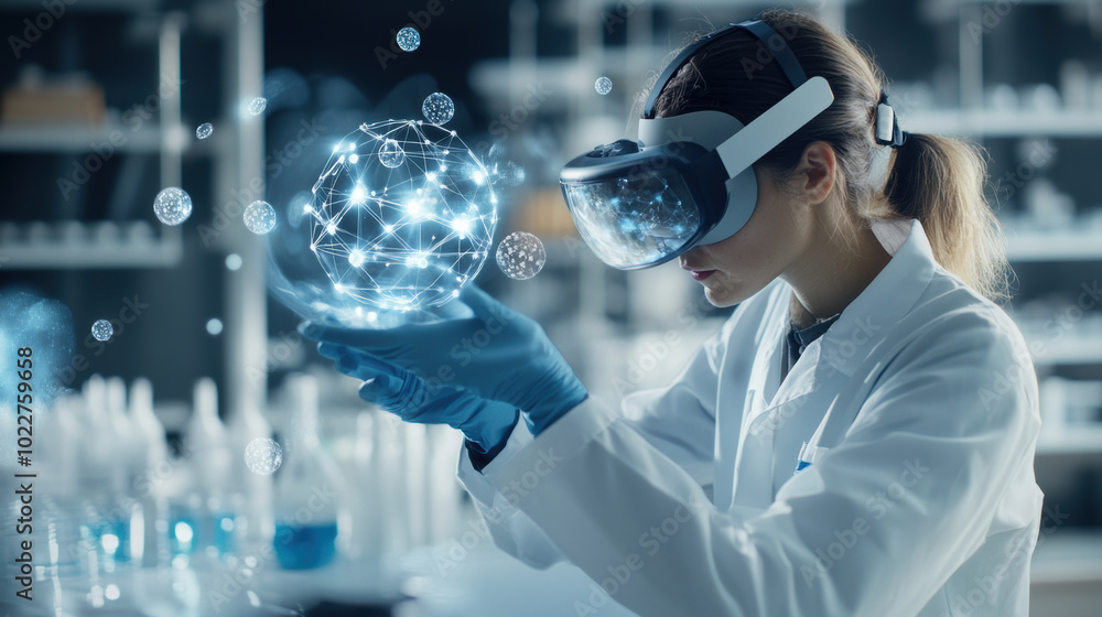 Poster pharmaceutical researcher is using augmented reality technology to visualize complex data in lab env