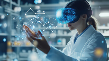 pharmaceutical researcher wearing virtual reality headset explores augmented reality data visualizations with focused expression. scene captures intersection of technology and science