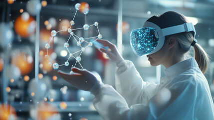 pharmaceutical researcher using augmented reality technology to visualize molecular structures in lab setting. scene captures innovative blend of science and technology, showcasing future of