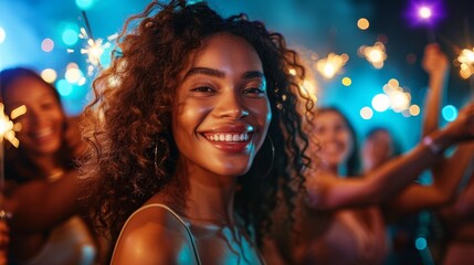 Closeup of people holding sparklers celebrating New Year with joyful faces and glowing light