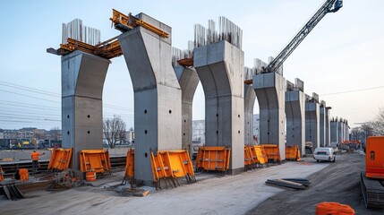 Construction site with large concrete support columns for a bridge or elevated roadway. Several workers and construction equipment are visible on a cloudy day.