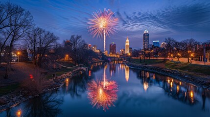 Breathtaking New Year's fireworks display over city skyline with colorful bursts reflecting on the river