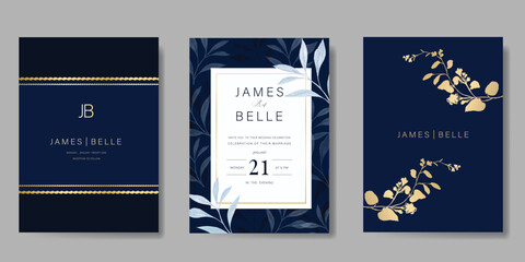 Luxury invitation card design vector set. Elegant wedding card with leaves branch and flower decorative on navy blue background. Design illustration for cover, poster, gala.