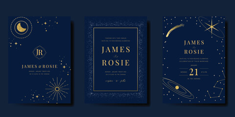 Luxury invitation card design vector set. Elegant wedding card with little star moon sun and space decorative on navy blue background. Design illustration for cover, poster, gala.