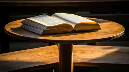 A quiet library corner with a small wooden table, a stack of books, and a soft light illuminating the space.