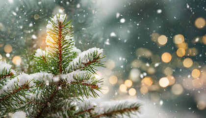 Snow gently falls on a pine tree adorned with delicate frost, creating a serene winter atmosphere during the festive season
