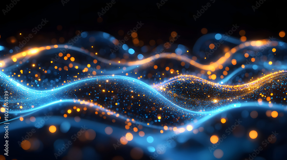 Poster a computer generated image of a wave of blue and gold lights on a black background with a black back