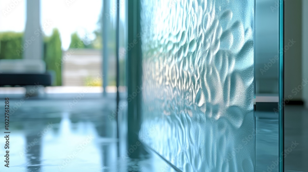 Poster a detailed view of a glass door with an embossed pattern, capturing reflections and light play in a 