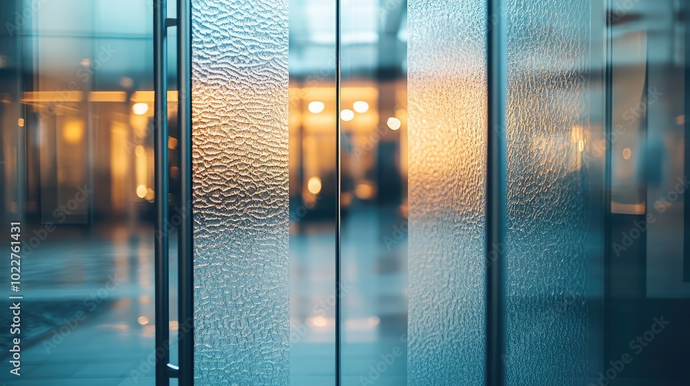 Poster a detailed view of a glass door with an embossed pattern, capturing reflections and light play in a 