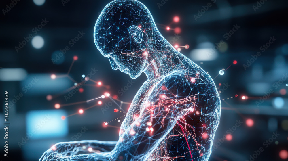 Poster digital representation of human figure composed of interconnected lines and nodes, symbolizing compl