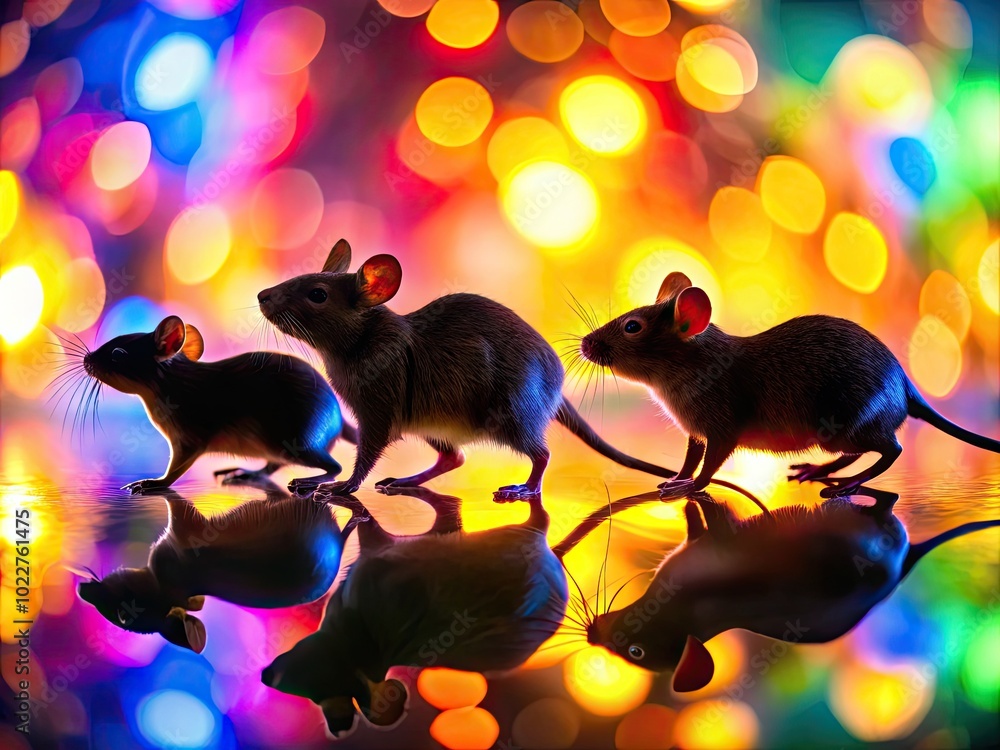 Poster silhouettes of mice against a colorful background creating a playful and whimsical atmosphere