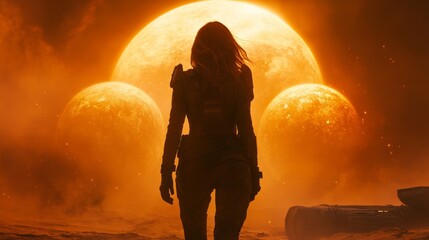 Astronaut woman walking on alien planet with three suns glowing in the sky and a crashed spaceship