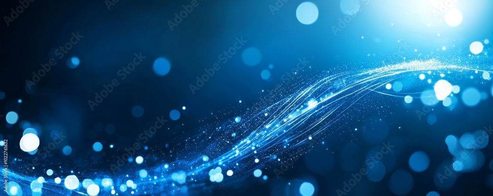 Poster a serene blue wave of sparkling light particles, creating a tranquil ambiance and evoking feelings o