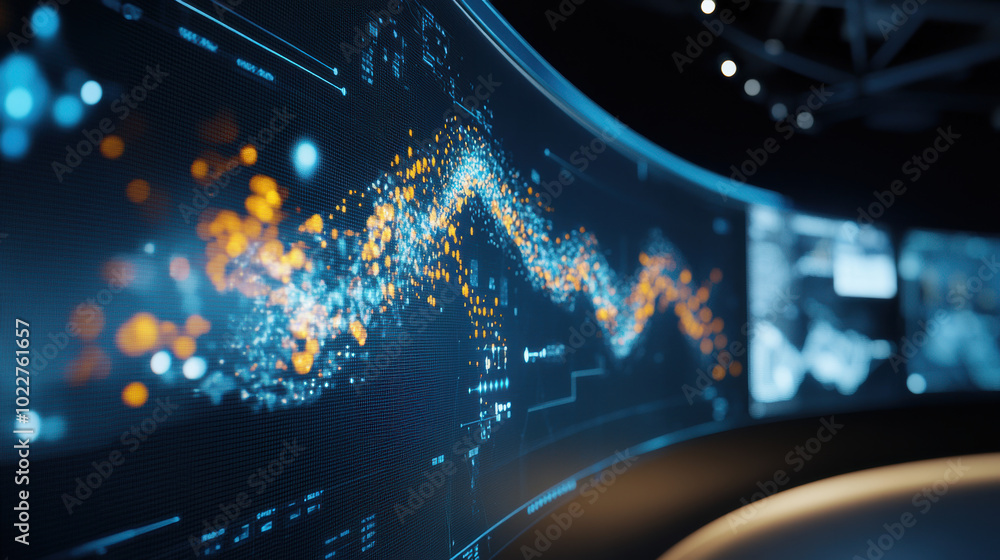 Poster vibrant visualization of data trends and patterns displayed on large screen, showcasing dynamic grap