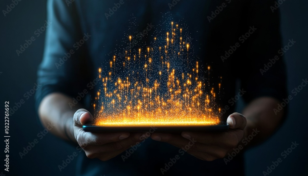 Poster a person holds a device emanating shimmering golden particles, creating a magical and futuristic amb