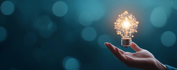 A hand holds a glowing light bulb, symbolizing ideas, innovation, and creativity against a dreamy blue background.
