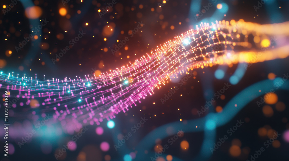 Poster vibrant abstract representation of flowing light waves, showcasing colorful particles and dynamic mo