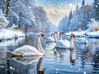 Serene Swans Swimming on a Winter River - Candid Photography