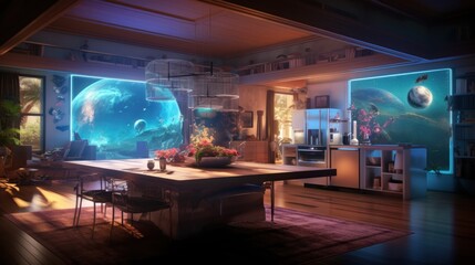 Fototapeta premium Futuristic Living Room with Holographic Planet Projections