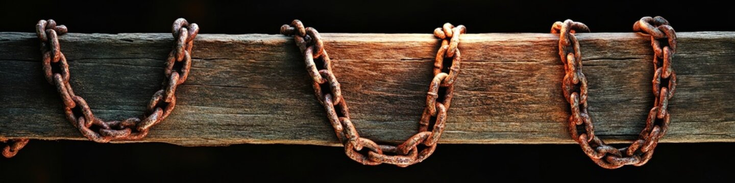Rusted chains on weathered wood plank against dark