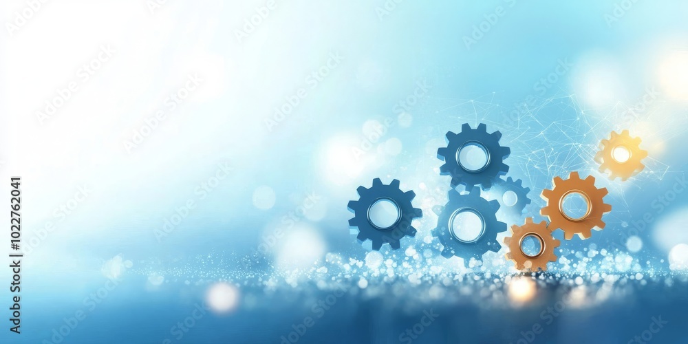 Poster a vibrant background featuring interlocking gears, symbolizing innovation and technology, with a bok