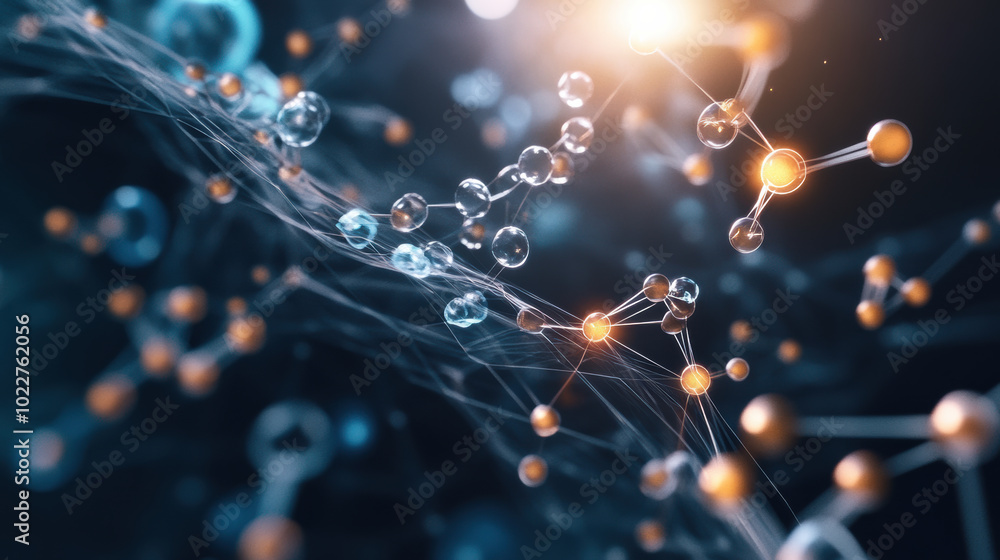 Poster abstract visualization of pharmacodynamics, showcasing interconnected molecules and particles in dyn