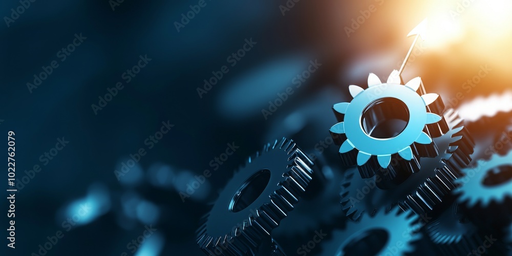Poster a close-up view of interlocking gears, with a glowing light in the background, representing innovati