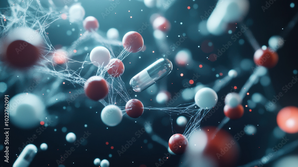 Poster abstract visualization of pharmacodynamics, showcasing dynamic interaction of molecules and particle