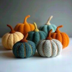 High-quality composition of plush Halloween pumpkins with soft shadows and warm tones on white background