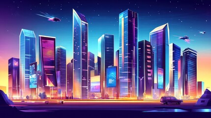 Fototapeta premium A vibrant futuristic cityscape with glowing skyscrapers and flying vehicles at dusk.