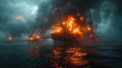 Flames engulf the offshore oil rig as dark clouds loom overhead, creating a dramatic contrast in a chaotic maritime environment