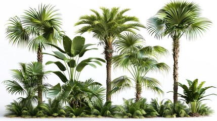 Set of ancient sturdy sago tropical plants palms isolated on white background, clipping path.